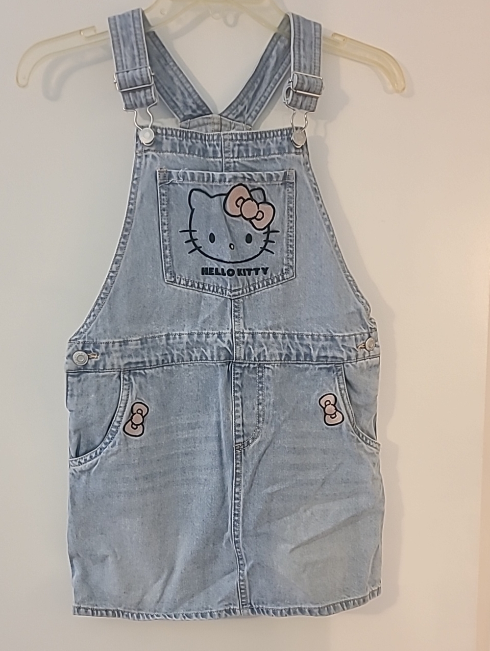 Sanrio Hello Kitty Light Blue Denim Overall Dress with Pink Bow Accents